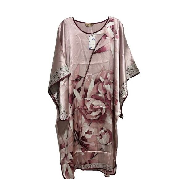 NWT Freedom Silk Peony Printed Rosy Pink Silk Kaftan With Trimming L Boat Neck - Picture 6 of 12